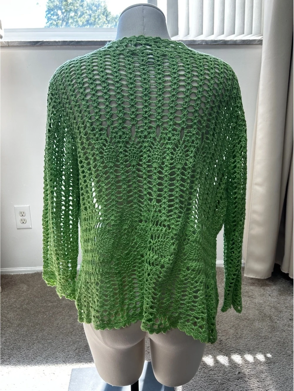 Isabella Rodriguez Green Crochet Open Front Cardigan, Lightweight Long Sleeve
